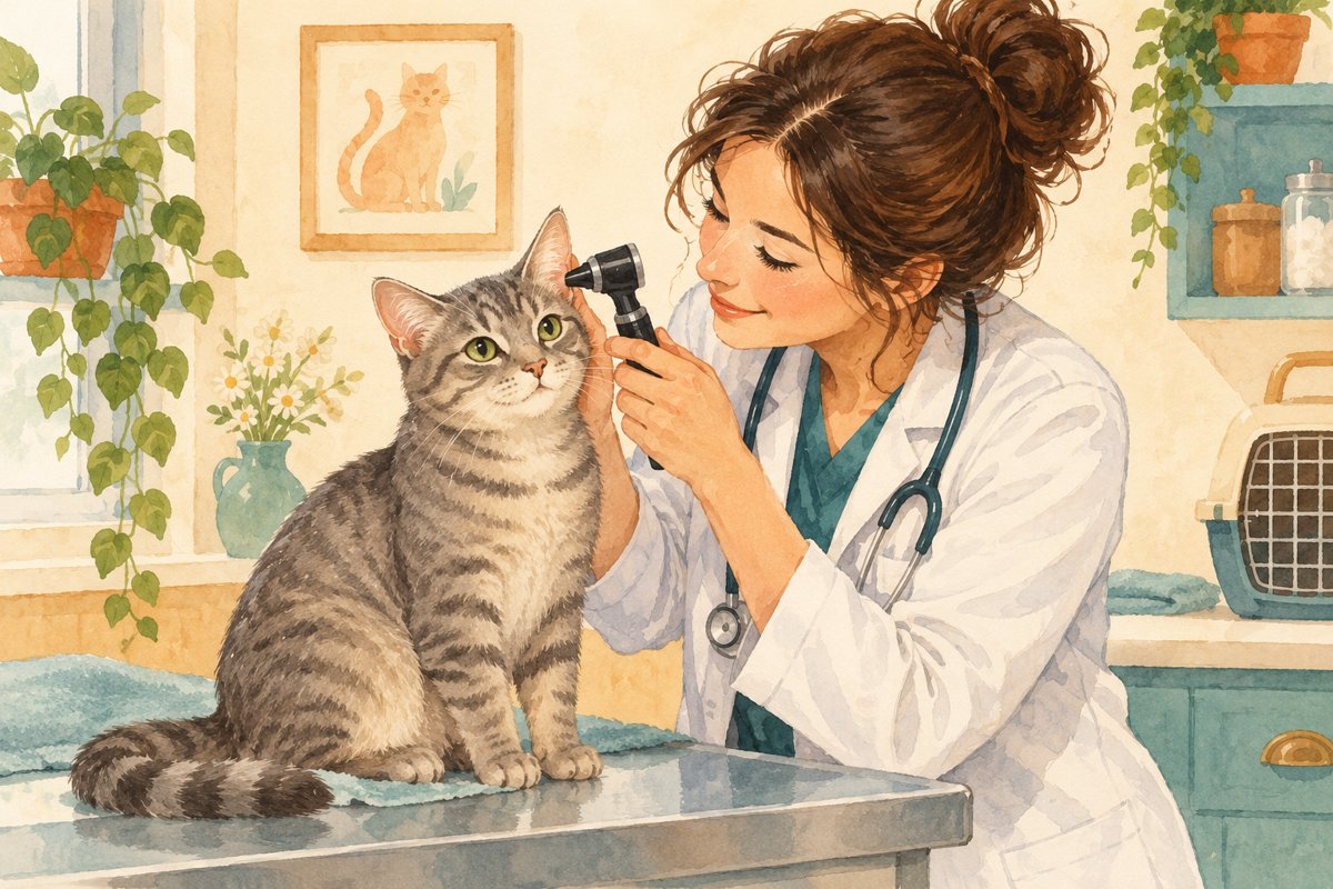 Illustration of a veterinarian examining a grey tabby cat's ear
