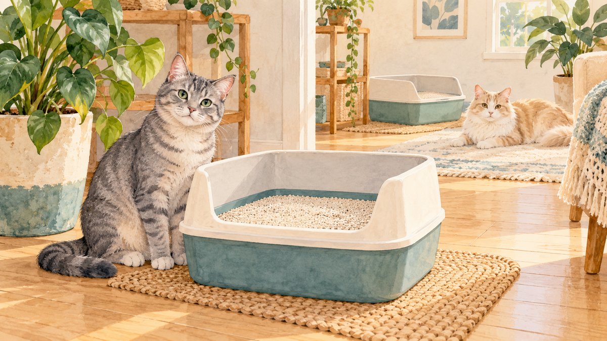 Illustration of two cats with separate clean litter trays in a calm home
