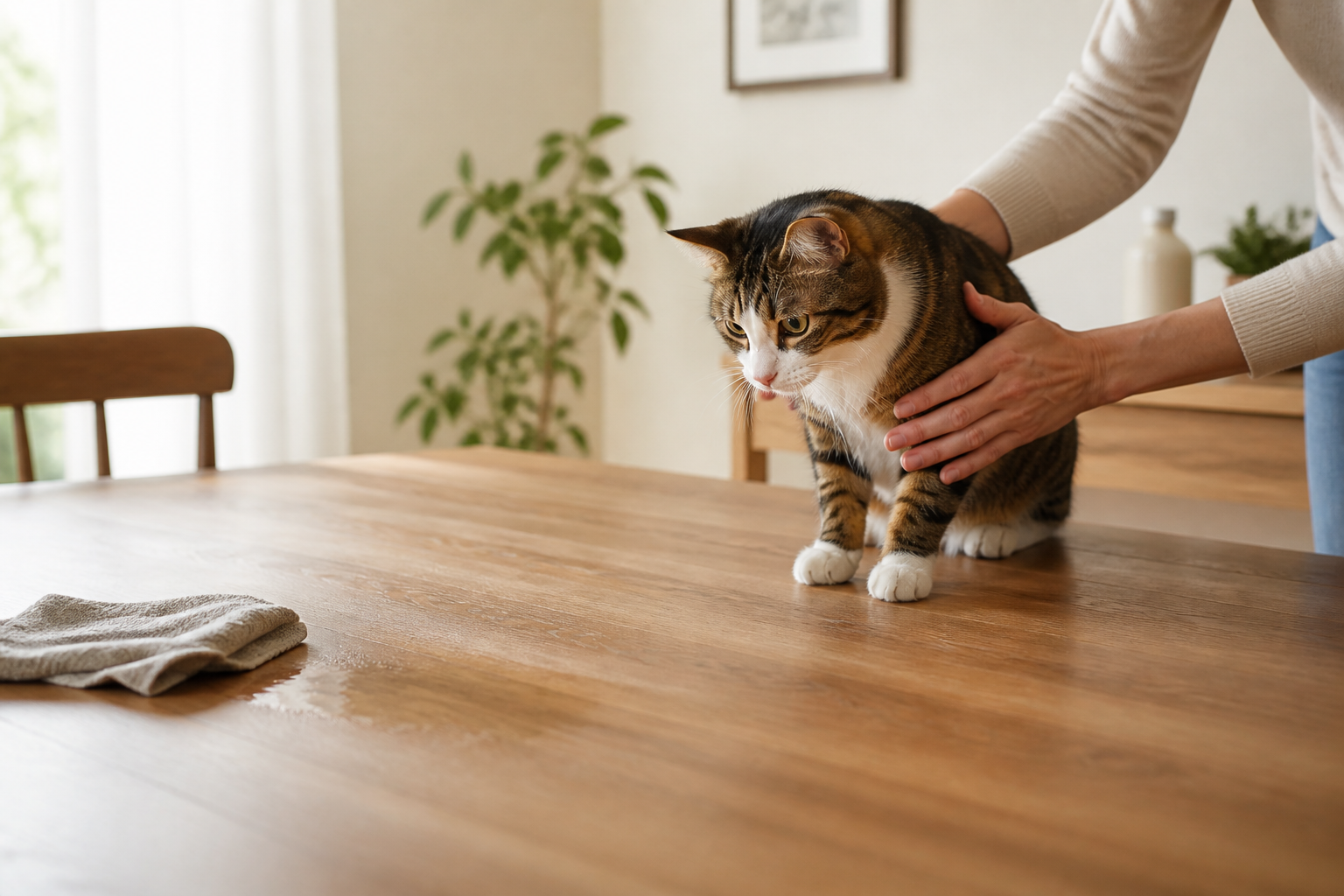 A cat being gently moved away from a damp, freshly cleaned table